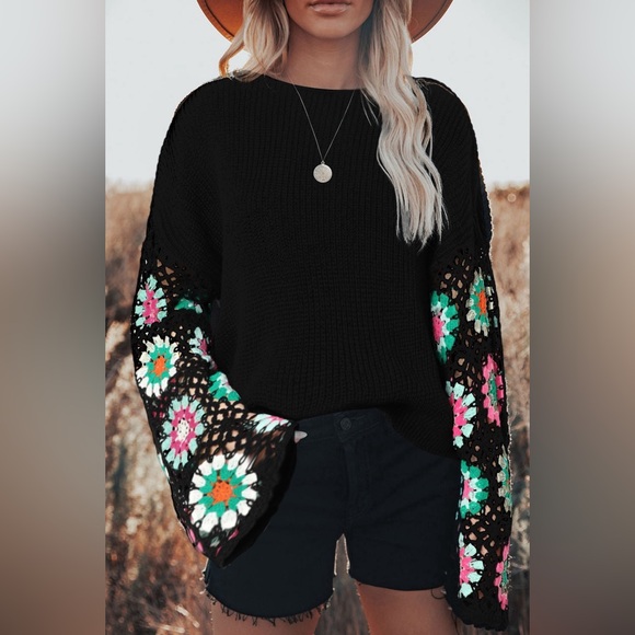Sweaters - Black Floral Crochet Bell Sleeve Loose sweater Bohemian Blouse